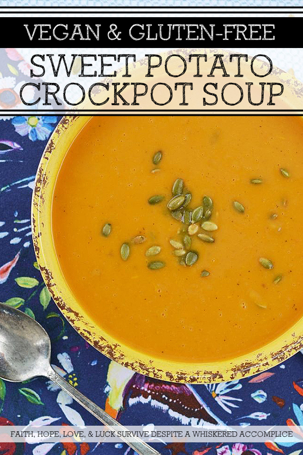 Vegan & Gluten-Free Sweet Potato Crockpot Soup - A simple autumn-inspired healthy crockpot sweet potato soup that will satisfy anyone who observes a vegan, gluten-free, or non-restrictive diet, as well as anyone who just craves a delicious autumn soup.