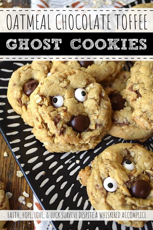 Oatmeal Chocolate Toffee Ghost Cookies - Halloween is the perfect time of year to make a "boo"tiful sweet treat for your family and friends. These adorable ghost cookies are filled with chewy oatmeal and crunchy milk chocolate-coated toffee. Once these fa"boo"lous HEATH toffee bar cookies are garnished with edible candy eyeballs and a chocolate chip mouth, there's simply no way to resist their holiday charm.