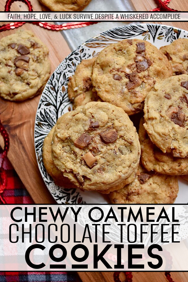 Chewy Oatmeal Chocolate Toffee Cookies - These HEATH Milk Chocolate English Toffee Bar-stuffed oatmeal cookies are everything you desire a cookie to be. They're perfectly chewy, chocolatey, and crunchy, with just the right oatmeal-to-cookie ratio. This is definitely one chocolate toffee oatmeal cookie recipe that you're going to want to bake immediately. Run, don't walk to the kitchen. It's time to start baking.