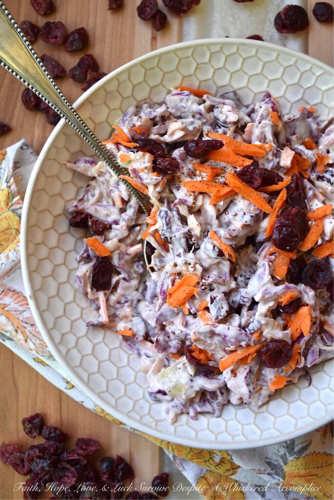 Dried Cranberry Creamy Chipotle Coleslaw - Turn a simple bag of pre-shredded coleslaw mix into a truly delicious creamy side dish with the addition of sweetened dried cranberries and just a touch of ground chipotle powder. This dried cranberry creamy chipotle coleslaw is the perfect addition to almost any busy weeknight meal, not to mention that it's also a creative way to sneak more fruits and vegetables onto your dinner plate.