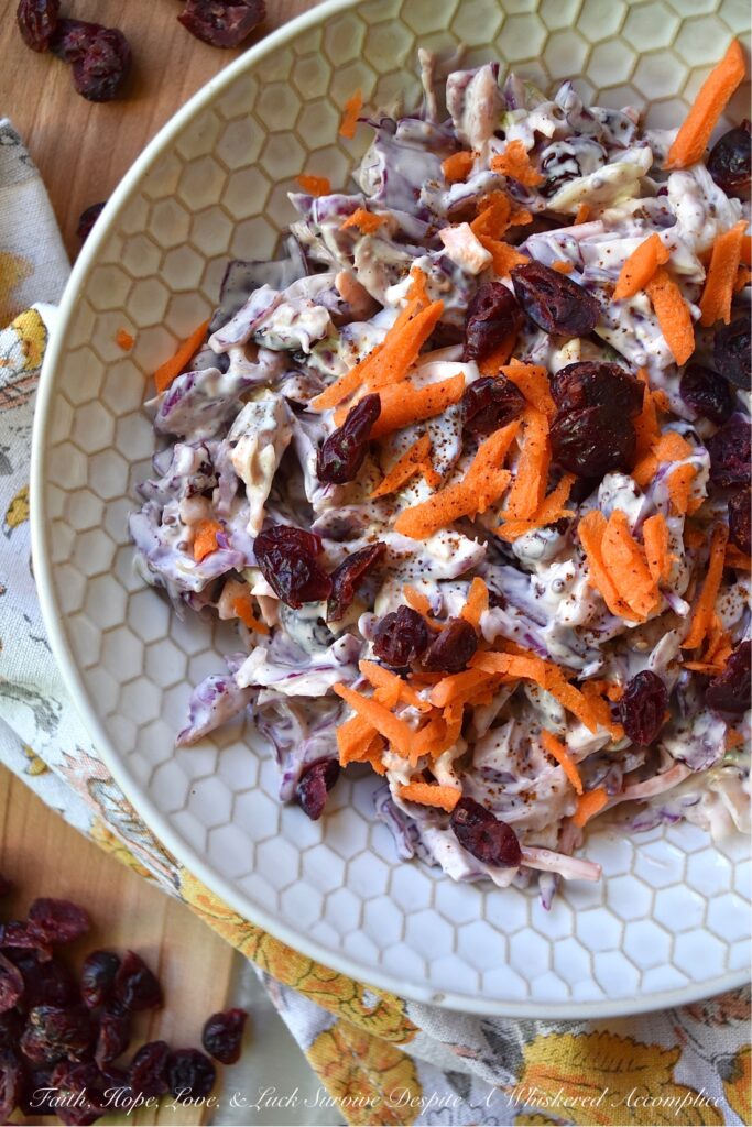 Dried Cranberry Creamy Chipotle Coleslaw - Turn a simple bag of pre-shredded coleslaw mix into a truly delicious creamy side dish with the addition of sweetened dried cranberries and just a touch of ground chipotle powder. This dried cranberry creamy chipotle coleslaw is the perfect addition to almost any busy weeknight meal, not to mention that it's also a creative way to sneak more fruits and vegetables onto your dinner plate.