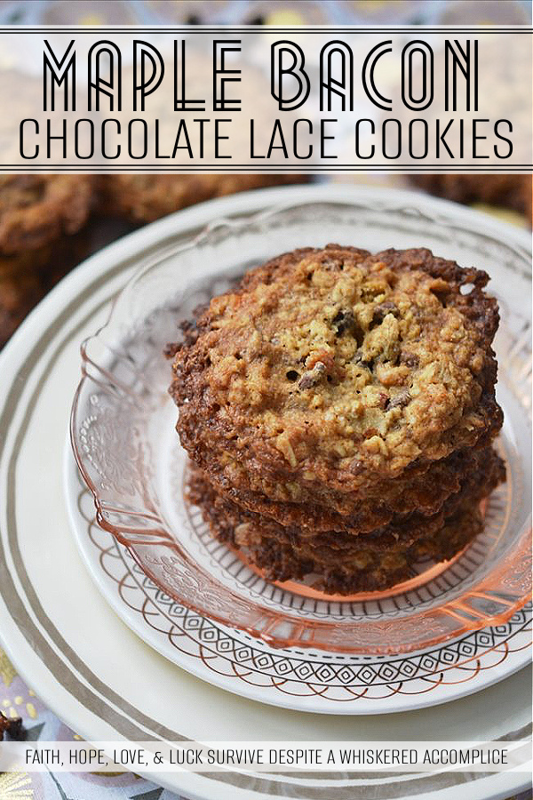 Maple Bacon Chocolate Lace Cookies - Who wants a maple cookie with bacon in it? I know I do. These bacon-laced cookies are crunchy, chewy, loaded with chocolate, and have just the right hint of bacony goodness.