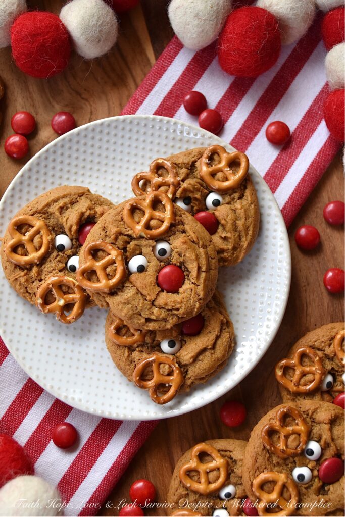 Reindeer Molasses Spice Cookies - These molasses spice cookies are the perfect sweet treat to leave out for Santa this Christmas Eve. And, with the addition of mini pretzel antlers, candy eyeballs, and chocolate M&M's noses, these easy-to-decorate sweet spice-filled molasses reindeer cookies will definitely ensure that you make Santa's Nice List this holiday season.