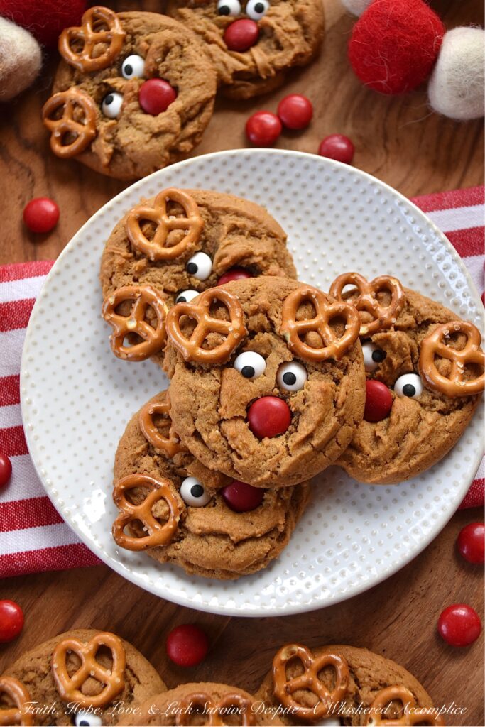 Reindeer Molasses Spice Cookies - These molasses spice cookies are the perfect sweet treat to leave out for Santa this Christmas Eve. And, with the addition of mini pretzel antlers, candy eyeballs, and chocolate M&M's noses, these easy-to-decorate sweet spice-filled molasses reindeer cookies will definitely ensure that you make Santa's Nice List this holiday season.