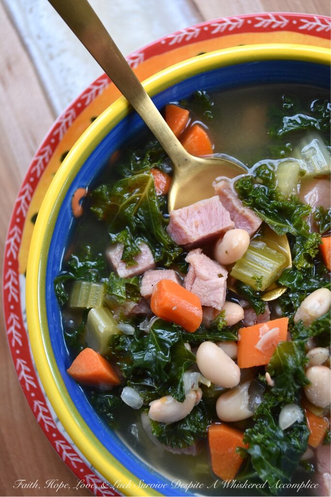 White Bean & Ham Soup with Kale (Ham Steak) - The next time you're tempted to buy a huge bag of chopped fresh kale leaves at your local market, don't hold back. This white bean and ham soup will turn that simple bag of kale into a healthy meal your entire family will love, with the help of a ham steak, vegetables, canned white beans, and a few other simple ingredients.