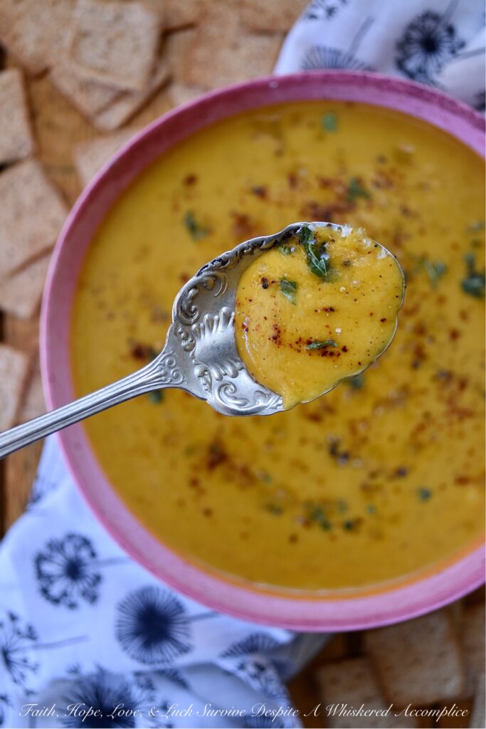 Creamy Chili & Herb Sweet Potato & Onion Soup - This creamy vegetable and herb soup is a lovely budget-friendly and healthy meal option for a busy weeknight since it only requires one sweet potato, one sweet yellow onion, a carton of store-bought broth, and a few readily available kitchen herbs and seasonings. Add in some heavy whipping cream, half and half, or milk before blending to give this warm chili-spiced soup a creamy, smooth, and rich consistency.