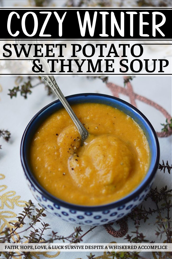Cozy Winter Sweet Potato & Thyme Soup - This healthy winter soup recipe will leave you feeling cozy and satisfied, no matter how cold the weather is. And, as an added bonus, this creamy soup can be made differently each time with add-ons like cheese, sour cream, chives, bacon, or pumpkin seeds, which means that you can enjoy this soup for several days in a row without ever having to have it the same way twice.