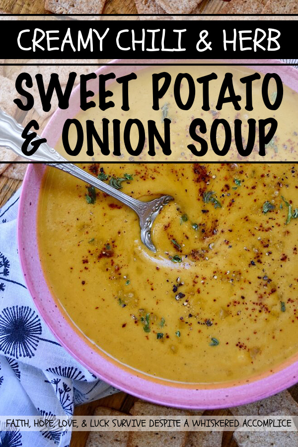 Creamy Chili & Herb Sweet Potato & Onion Soup - This creamy vegetable and herb soup is a lovely budget-friendly and healthy meal option for a busy weeknight since it only requires one sweet potato, one sweet yellow onion, a carton of store-bought broth, and a few readily available kitchen herbs and seasonings. Add in some heavy whipping cream, half and half, or milk before blending to give this warm chili-spiced soup a creamy, smooth, and rich consistency.