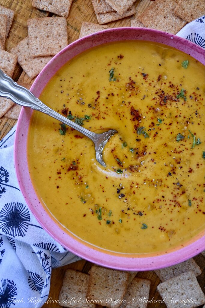 Creamy Chili & Herb Sweet Potato & Onion Soup - This creamy vegetable and herb soup is a lovely budget-friendly and healthy meal option for a busy weeknight since it only requires one sweet potato, one sweet yellow onion, a carton of store-bought broth, and a few readily available kitchen herbs and seasonings. Add in some heavy whipping cream, half and half, or milk before blending to give this warm chili-spiced soup a creamy, smooth, and rich consistency.