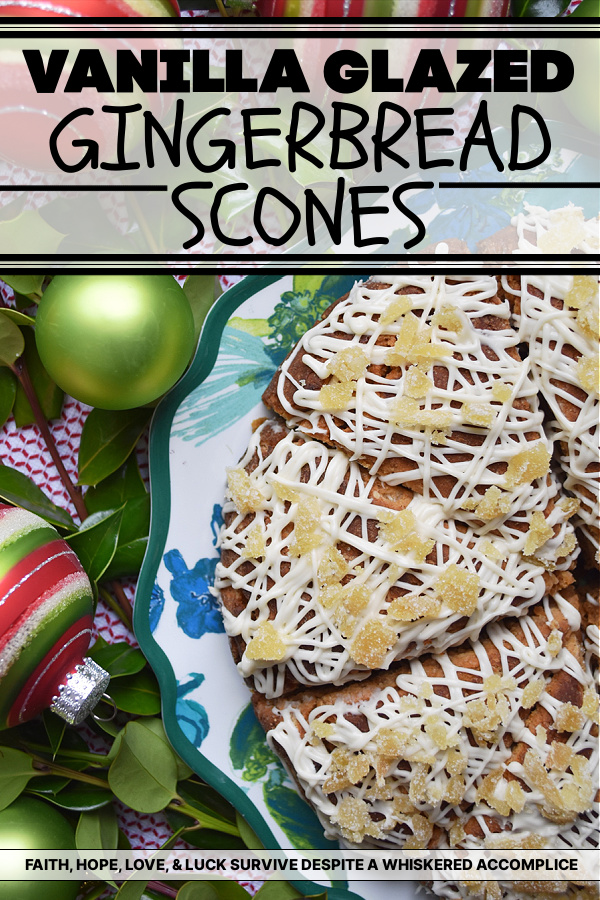 Vanilla Glazed Gingerbread Scones - Most people think of cookies when they hear the word gingerbread, however, gingerbread is a flavor that works fantastically with all sorts of delicious holiday baked goods, like these flavorful gingerbread scones. After being drizzled with a vanilla glaze, and then garnished with finely chopped crystallized ginger, these scones become quite the festive Christmas breakfast or dessert treat.