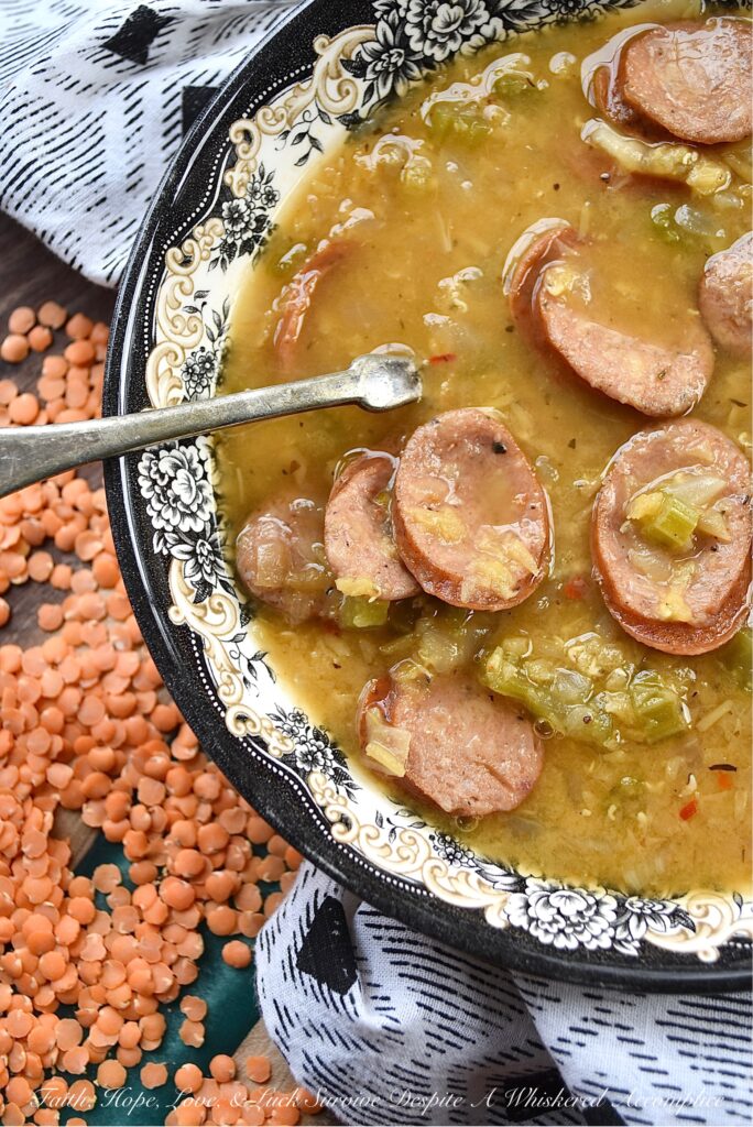 Cajun Lentil Soup with Andouille Sausage - This flavorful and somewhat effortless one-pot lentil soup with Cajun seasoning and andouille sausage is the perfect busy weeknight meal. It requires only eight simple ingredients to make, and from start to finish, will take less than forty-five minutes to throw together. Pair it with a few slices of crusty bread and dinner is served.