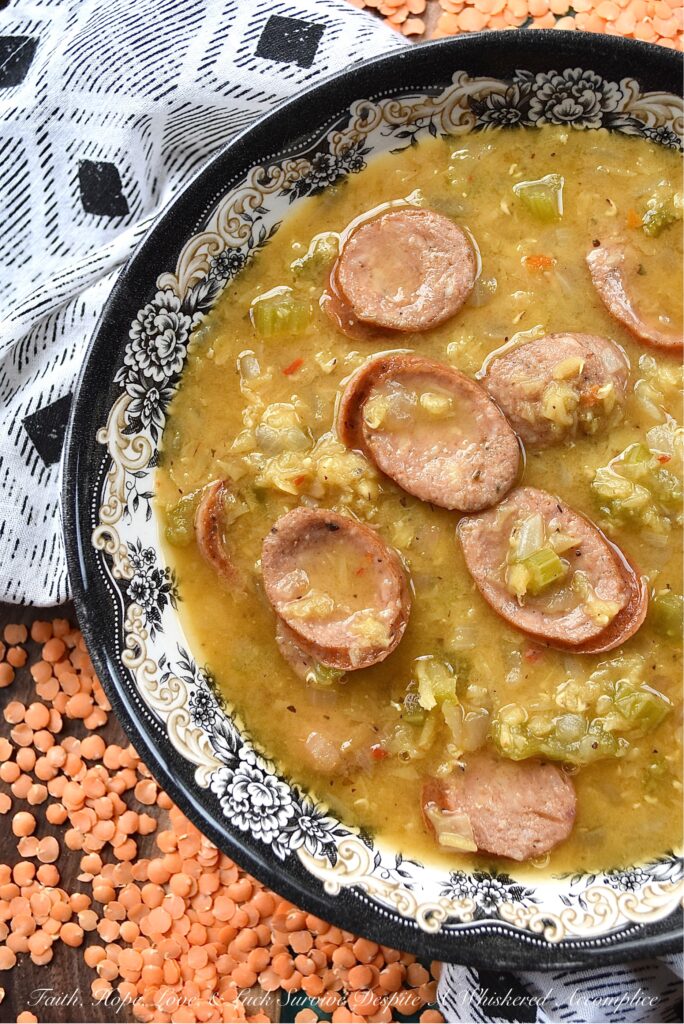 Cajun Lentil Soup with Andouille Sausage - This flavorful and somewhat effortless one-pot lentil soup with Cajun seasoning and andouille sausage is the perfect busy weeknight meal. It requires only eight simple ingredients to make, and from start to finish, will take less than forty-five minutes to throw together. Pair it with a few slices of crusty bread and dinner is served.