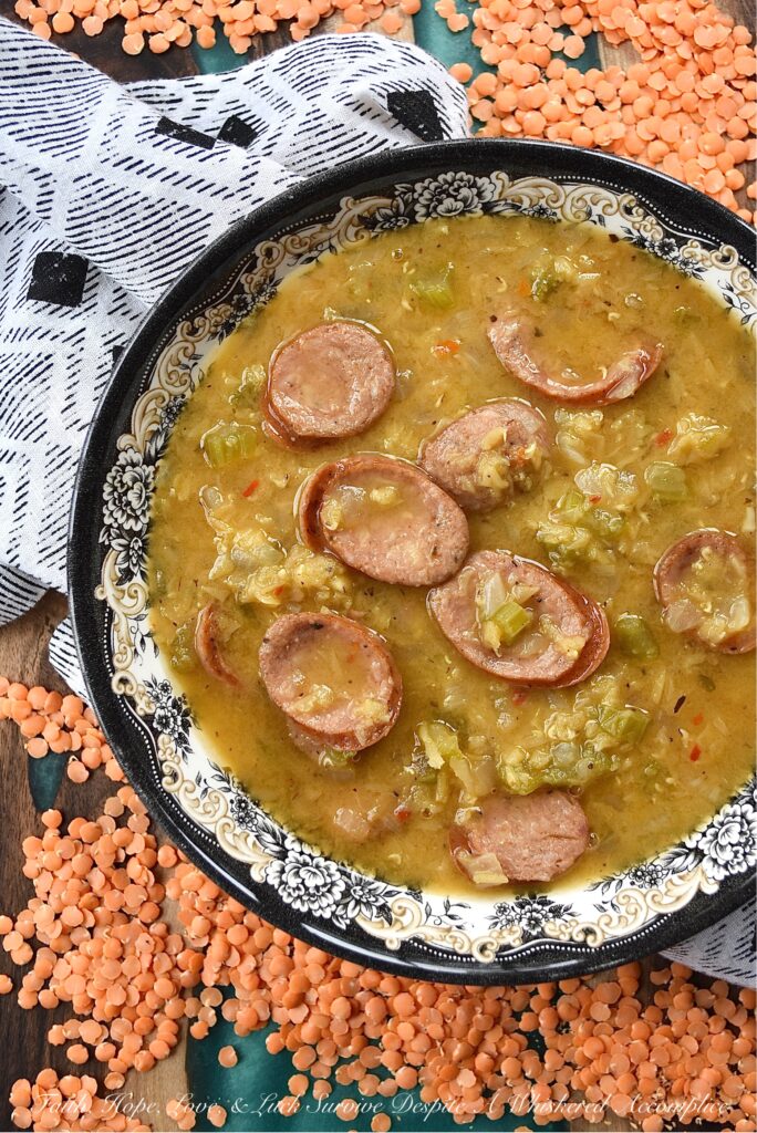 Cajun Lentil Soup with Andouille Sausage - This flavorful and somewhat effortless one-pot lentil soup with Cajun seasoning and andouille sausage is the perfect busy weeknight meal. It requires only eight simple ingredients to make, and from start to finish, will take less than forty-five minutes to throw together. Pair it with a few slices of crusty bread and dinner is served.