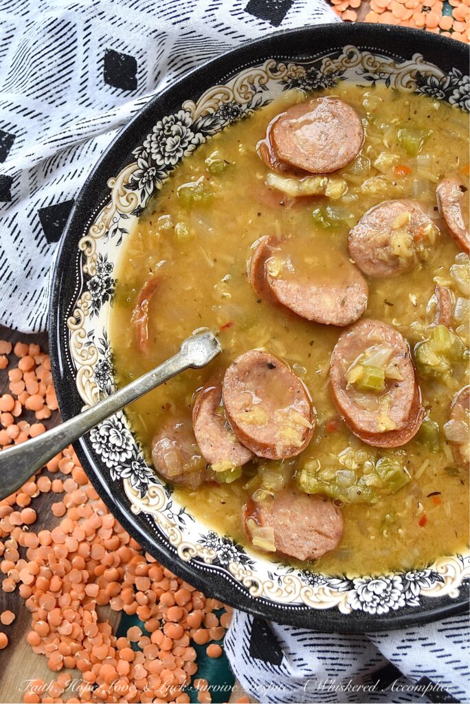Cajun Lentil Soup with Andouille Sausage - This flavorful and somewhat effortless one-pot lentil soup with Cajun seasoning and andouille sausage is the perfect busy weeknight meal. It requires only eight simple ingredients to make, and from start to finish, will take less than forty-five minutes to throw together. Pair it with a few slices of crusty bread and dinner is served.