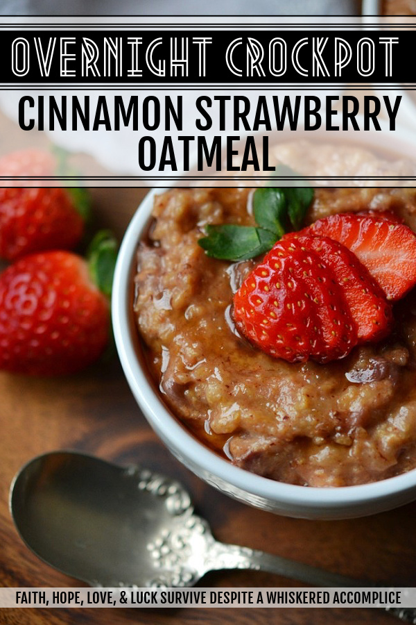 Overnight Crockpot Cinnamon Strawberry Oatmeal - Cozy up this winter, with this sweet strawberry and cinnamon overnight crockpot oatmeal recipe. A few ingredients, fresh strawberries, steel cut oatmeal, and a crockpot or slow-cooker are all you need to make a comforting, warm, and absolutely luscious breakfast that will be waiting for you when you finally decide to roll out of bed in the morning.