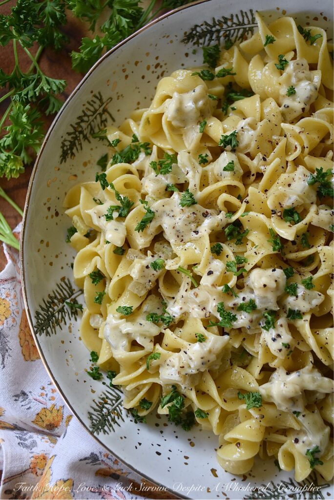 Creamy Irish Whiskey Butter Noodles with Fennel - How can you turn an ordinary bag of egg noodles into something truly spectacular? Simply toss those egg noodles with a creamy sauce that uses butter, finely chopped fennel, Irish whiskey, and just the right amount of heavy whipping cream to transform plain, basic, nothing-all-that-special noodles, into something you most assuredly won't soon forget.