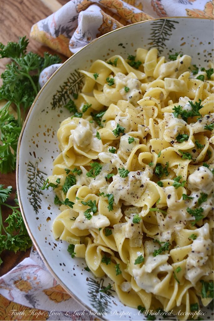 Creamy Irish Whiskey Butter Noodles with Fennel - How can you turn an ordinary bag of egg noodles into something truly spectacular? Simply toss those egg noodles with a creamy sauce that uses butter, finely chopped fennel, Irish whiskey, and just the right amount of heavy whipping cream to transform plain, basic, nothing-all-that-special noodles, into something you most assuredly won't soon forget.