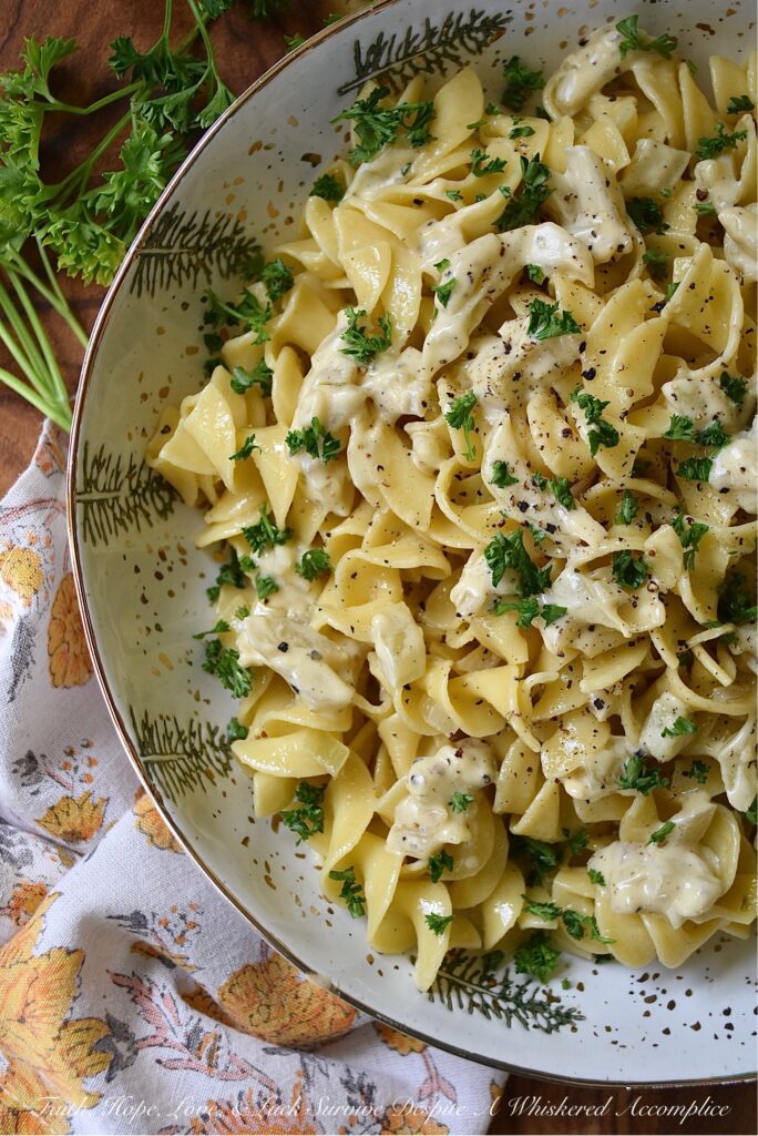 Creamy Irish Whiskey Butter Noodles with Fennel - How can you turn an ordinary bag of egg noodles into something truly spectacular? Simply toss those egg noodles with a creamy sauce that uses butter, finely chopped fennel, Irish whiskey, and just the right amount of heavy whipping cream to transform plain, basic, nothing-all-that-special noodles, into something you most assuredly won't soon forget.
