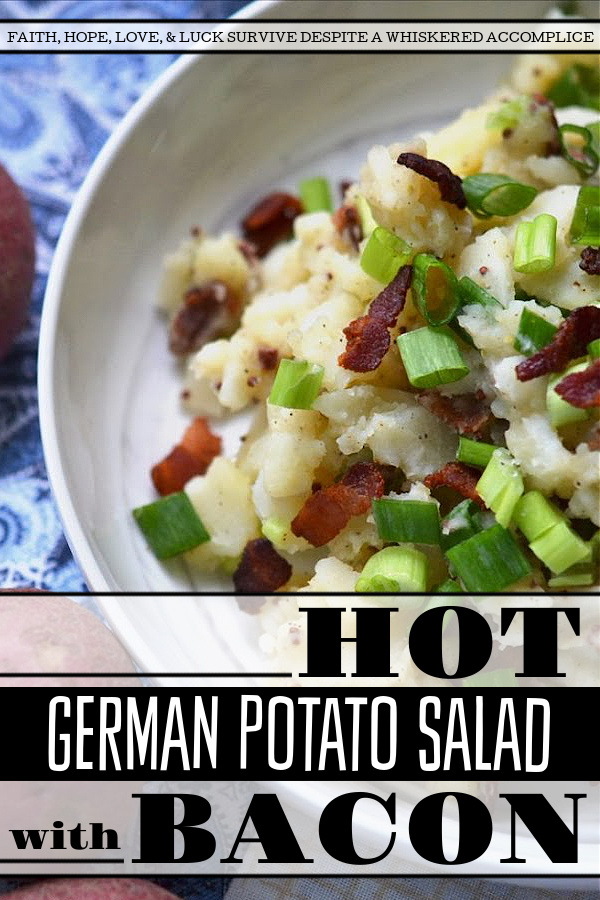 Hot German Potato Salad with Bacon - This hot potato salad is given a sweet and tangy German twist by using a simple Dijon and whole grain mustard vinaigrette along with crispy crumbled bacon. If you're searching for a no-mayonnaise side dish recipe for your next barbecue or cookout, this German potato salad is a great option.