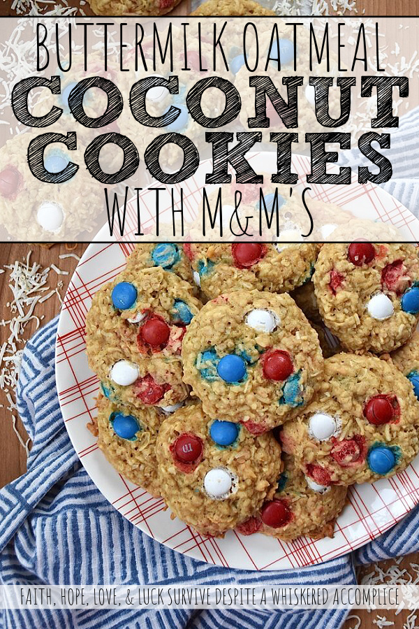 Buttermilk Oatmeal Coconut Cookies with M&M's - If you happen to have any leftover buttermilk hanging out in your fridge, don't let it go to waste. Instead, use some of it to make these sweet buttermilk cookies, packed with oatmeal, unsweetened shredded coconut, and festive M&M's. They're chewy, crispy, crunchy, and easy to decorate for any holiday depending on which variety or color combination of M&M's you use.