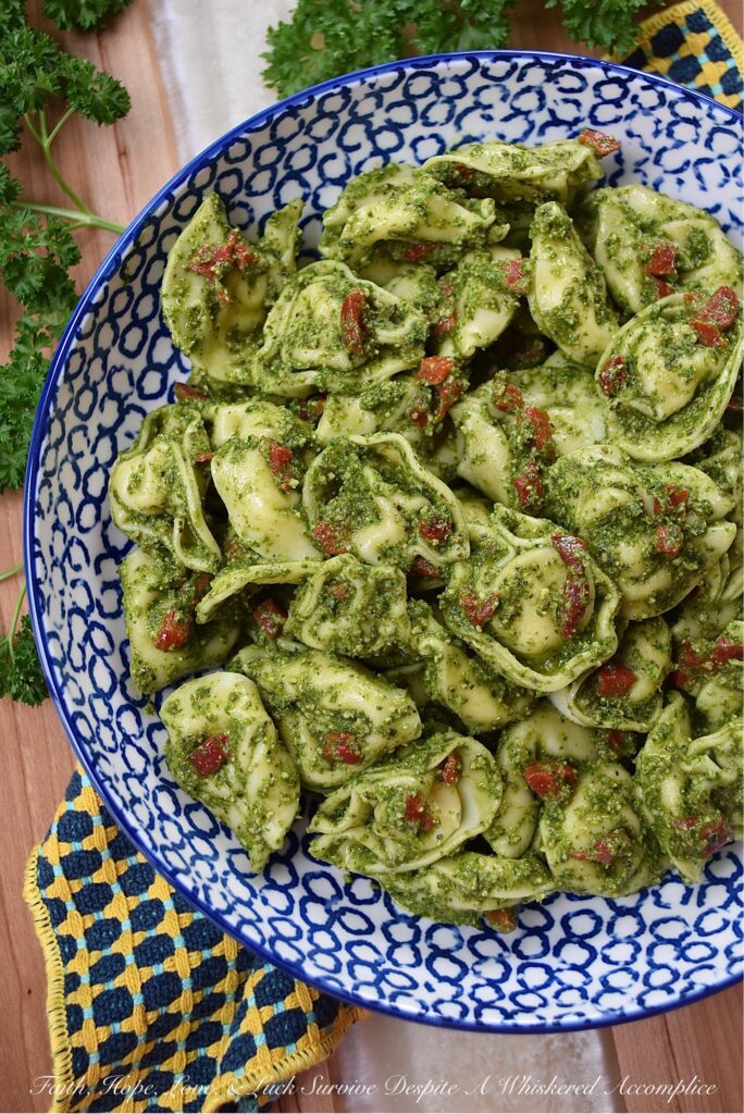 Cheese Tortellini with Nut-Free Pesto & Pimentos - Store-bought refrigerated cheese tortellini is a great time-saving ingredient on those occasions when you need a delicious pasta salad but don’t have a lot of time to spend in the kitchen, since it takes so little time to cook. Simply toss the tortellini with diced pimentos and a simple nut-free fresh basil and parsley pesto made with salted pepitas or pumpkin seeds, for a quick and flavor-packed side dish everyone can enjoy, including those with nut allergies.