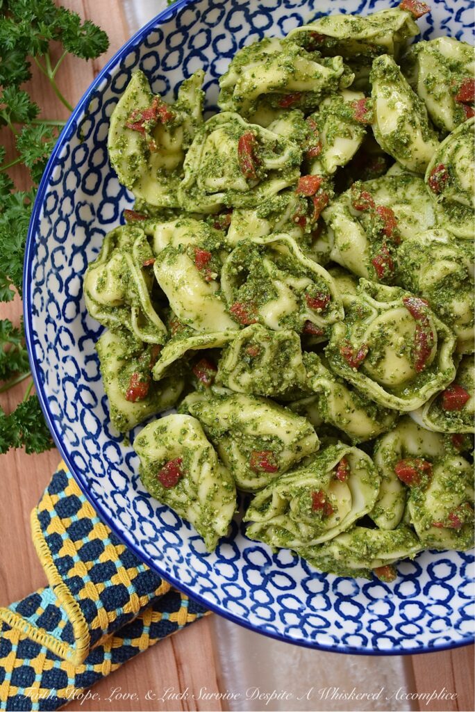 Cheese Tortellini with Nut-Free Pesto & Pimentos - Store-bought refrigerated cheese tortellini is a great time-saving ingredient on those occasions when you need a delicious pasta salad but don’t have a lot of time to spend in the kitchen, since it takes so little time to cook. Simply toss the tortellini with diced pimentos and a simple nut-free fresh basil and parsley pesto made with salted pepitas or pumpkin seeds, for a quick and flavor-packed side dish everyone can enjoy, including those with nut allergies.
