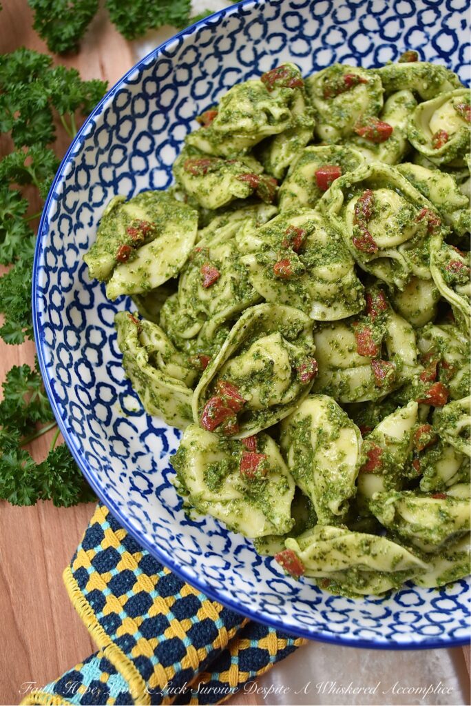Cheese Tortellini with Nut-Free Pesto & Pimentos - Store-bought refrigerated cheese tortellini is a great time-saving ingredient on those occasions when you need a delicious pasta salad but don’t have a lot of time to spend in the kitchen, since it takes so little time to cook. Simply toss the tortellini with diced pimentos and a simple nut-free fresh basil and parsley pesto made with salted pepitas or pumpkin seeds, for a quick and flavor-packed side dish everyone can enjoy, including those with nut allergies.