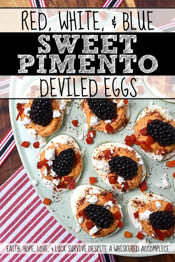 Red, White, & Blue Sweet Pimento Deviled Eggs - These red, white, & blue deviled eggs are the perfect appetizer for your next July 4th celebration. The savory sweetness of the creamy pimento and feta egg filling really helps make this non-traditional deviled egg recipe stand out. And, after these heavenly deviled eggs are garnished with chili powder, pimentos, feta, and perfectly ripe blackberries, they'll be just as gorgeous as they are delicious.