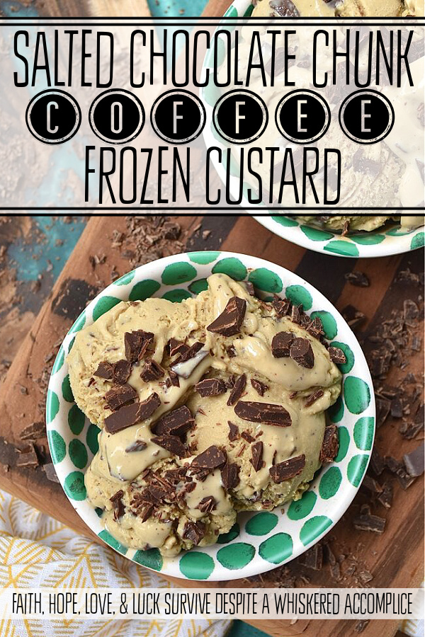 Salted Chocolate Chunk Coffee Frozen Custard - Coffee and ice cream are always a winning combination. But when you pair coffee and thick, creamy, luscious frozen custard together, things get even better. Especially, when you stir in chunks of rich dark chocolate, flavored with sea salt. This salted chocolate chunk coffee frozen custard will easily become everyone's favorite summer ice cream treat.