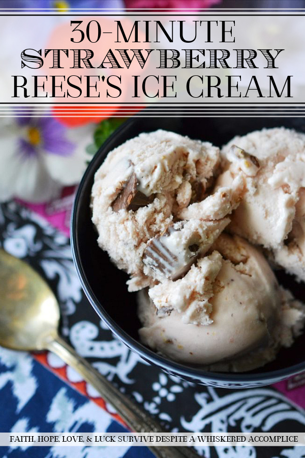 30-Minute Strawberry Reese's Ice Cream - This four-ingredient ice cream can be made in 30 minutes with a little bit of help from your ice cream machine. By using strawberry preserves, there is no need to wait for any sugar to dissolve, which means that you can have delicious homemade ice cream in almost no time at all. Strawberry ice cream and Reese's Peanut Butter Cups Minis truly do make the perfect combination in this sweet homemade frozen dessert treat.