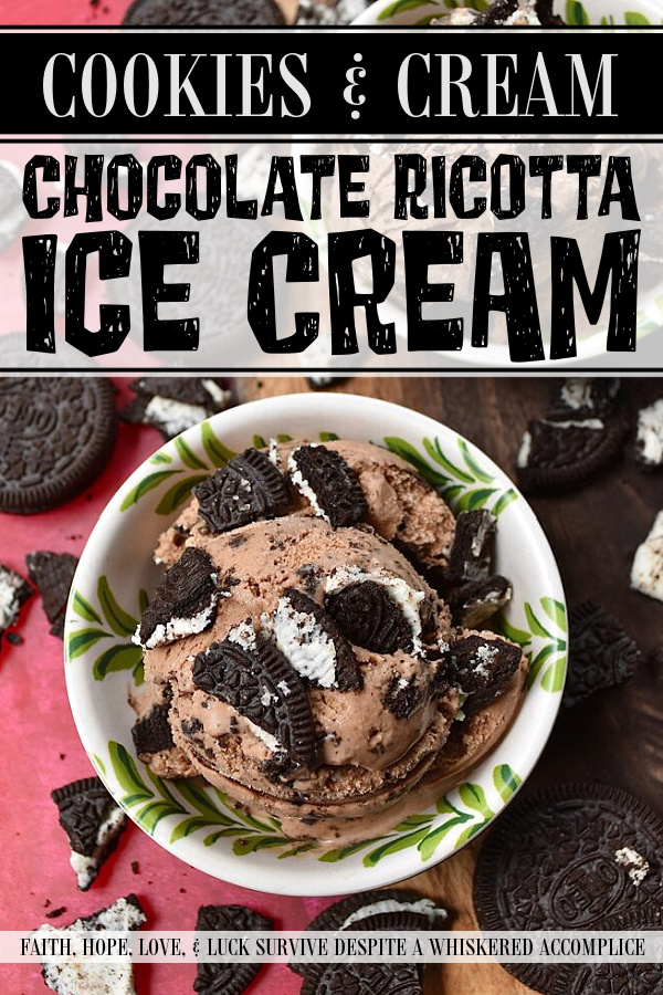 Cookies & Cream Chocolate Ricotta Ice Cream - This creamy chocolate ricotta ice cream is practically overflowing with crushed chocolate sandwich cookies, making it a true dream come true frozen treat for any cookies and cream aficionado. And, one thing's for sure, since its creamy ricotta base is infused with rich cocoa powder and melted milk chocolate, giving it a deep, super-chocolaty flavor, this kicked-up classic flavor is sure to become an instant new cookies and cream ice cream favorite.