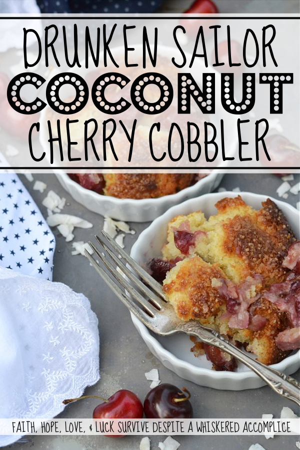 Drunken Sailor Coconut Cherry Cobbler - Who wouldn't love a drunken, fruit-enrobed, crunchy, sweet, cherry cobbler pillowy dough cloud? Coconut extract, unsweetened shredded coconut, and dark rum help to make this cherry cobbler one that any drunken sailor would willingly brave the seas for.