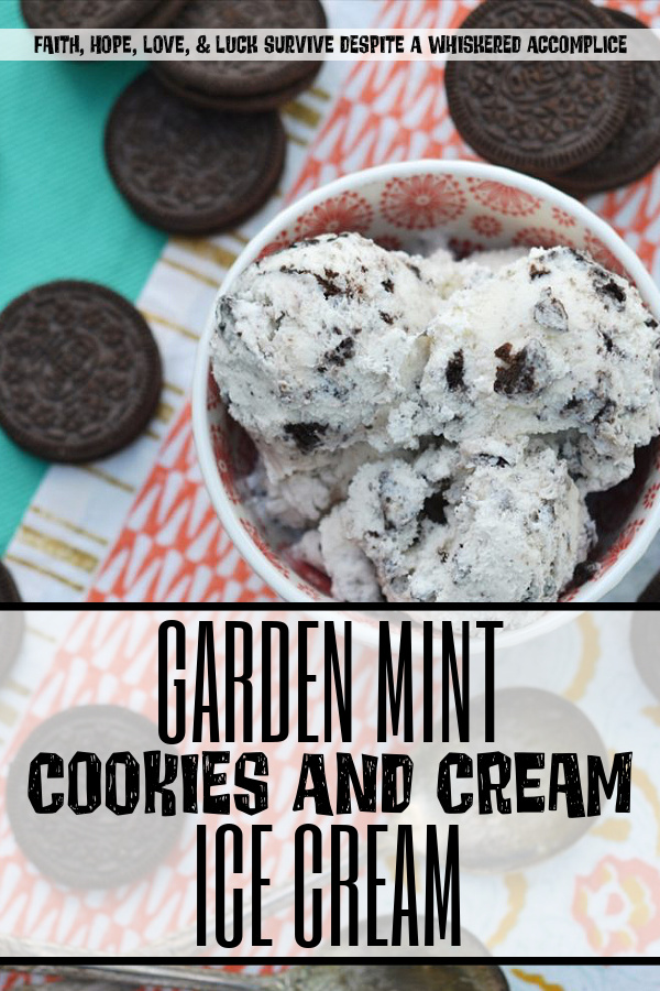 Garden Mint Cookies and Cream Ice Cream - This delicious cookies and cream ice cream is perfect for cooling down in the summertime. Fresh garden mint and crushed chocolate sandwich cookies come together in this ice cream to create the most amazing creamy and super minty frozen summer treat.
