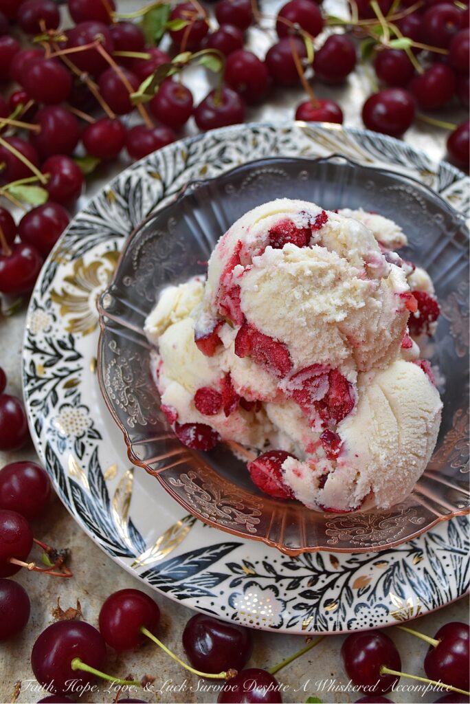 Vanilla Bean Ice Cream with Sour Cherries - Is there anything better than vanilla ice cream? Yes, this homemade vanilla ice cream with vanilla extract and vanilla bean seeds, practically overflowing with a generous amount of in-season sour cherries. This vanilla bean sour cherry ice cream is sweet, tart, and fruity, not to mention one of the best ways to enjoy sour cherries before they disappear for yet another year. So, grab your ice cream machine and get ready to churn up some sour cherry deliciousness.