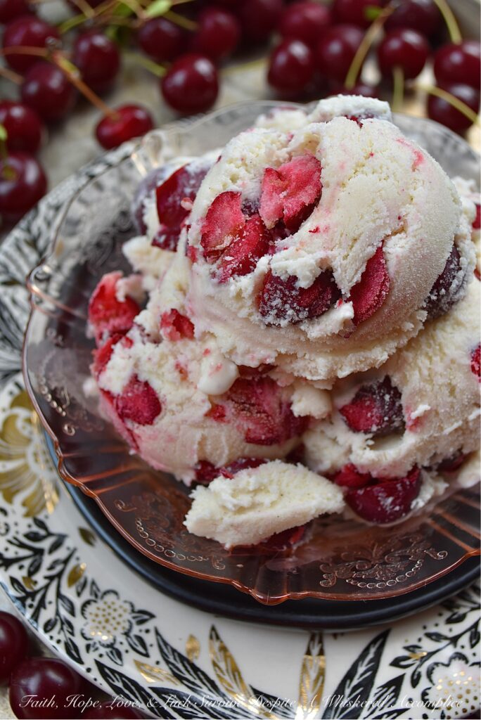 Vanilla Bean Ice Cream with Sour Cherries - Is there anything better than vanilla ice cream? Yes, this homemade vanilla ice cream with vanilla extract and vanilla bean seeds, practically overflowing with a generous amount of in-season sour cherries. This vanilla bean sour cherry ice cream is sweet, tart, and fruity, not to mention one of the best ways to enjoy sour cherries before they disappear for yet another year. So, grab your ice cream machine and get ready to churn up some sour cherry deliciousness.