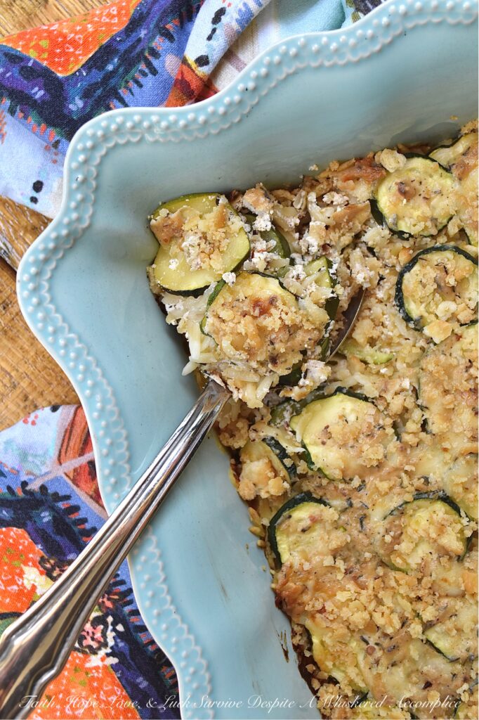 Zucchini & Orzo Pasta Baked Cheddar Casserole - This layered summer zucchini baked casserole with orzo pasta and cheddar cheese is a savory and delicious easy-to-make summer side dish. It's perfect for using up any extra zucchini you have from your garden, and it's a great crowd-pleaser for the whole family. The layers of pasta, zucchini, creamy sauce, and cheddar cheese make for a flavorful and satisfying dish. And to top it off, there's a crunchy butter cracker topping that adds just the right amount of texture to this tender zucchini and pasta baked casserole.