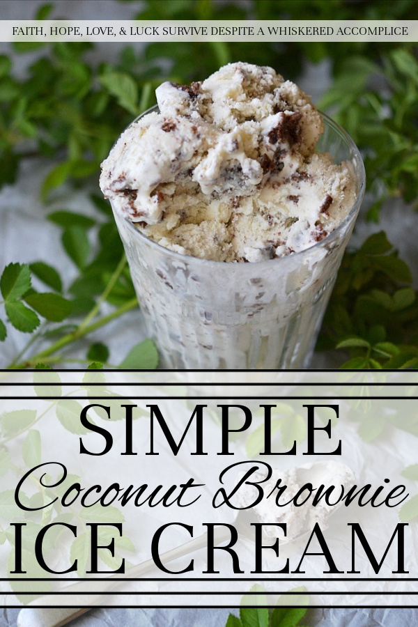Simple Coconut Brownie Ice Cream - If you love coconut, you're going to swoon over this sweet creamy coconut ice cream, made with coconut extract. It's filled with chunks of chocolate brownie and a little bit of chopped chocolate. This frozen treat really highlights the unbeatable duo of coconut and chocolate and the coconut flavor in this creamy and crunchy ice cream really shines through.
