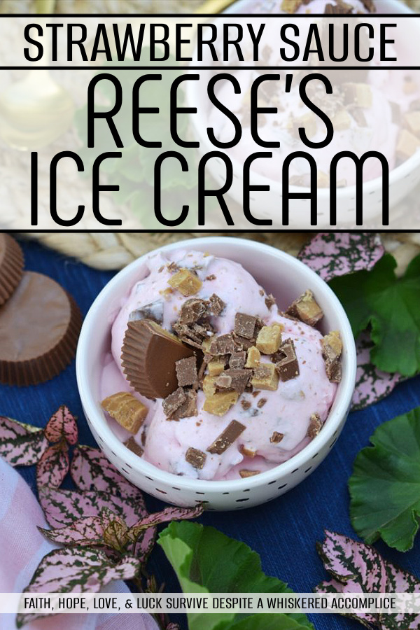 Strawberry Sauce Reese's Ice Cream - Strawberry sauce and roughly chopped Reese's Peanut Butter Cups come together to form the most perfect frozen ice cream treat. This ice cream is sweet, fruity, peanut buttery, and slightly salty. It's everything you could ever wish for in a chocolaty peanut butter and jelly ice cream.