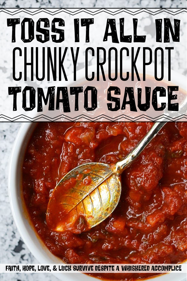 Toss It All In Chunky Crockpot Tomato Sauce - This homemade chunky tomato sauce, simmered in a crockpot, doesn't get any simpler or any more delicious. Unlike some recipes, which require sautéeing the onions and garlic first, this flavorful recipe skips past those steps, making it perfect to throw together on a weekday morning before heading off to work.