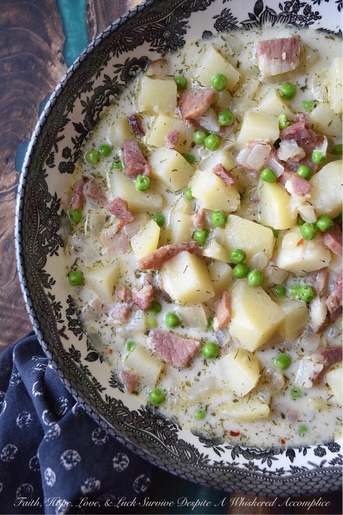 Potato & Onion Soup with Ham, Peas, & Dill - Potato and onion soup is the perfect comfort food, no matter what time of year it is. Whether it's spring, summer, fall, or winter, this simple and delicious soup always hits the spot with its savory diced ham, sweet frozen peas, and fragrant dried dill. And with both half and half and dry sherry in the recipe, you can't help but fall in love with its rich and creamy goodness. No matter what time of year, this potato and onion soup is sure to please.