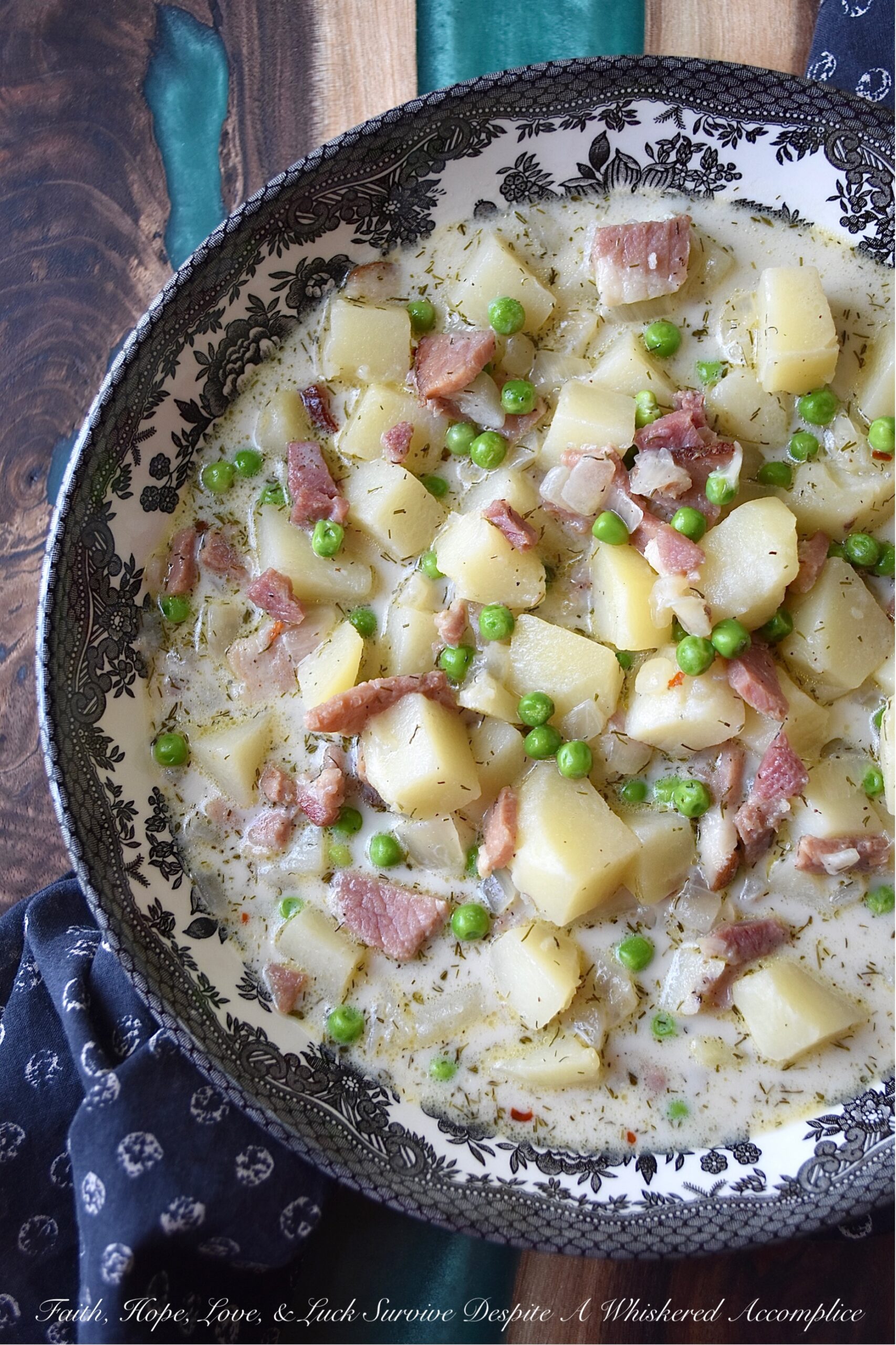Potato & Onion Soup with Ham, Peas, & Dill