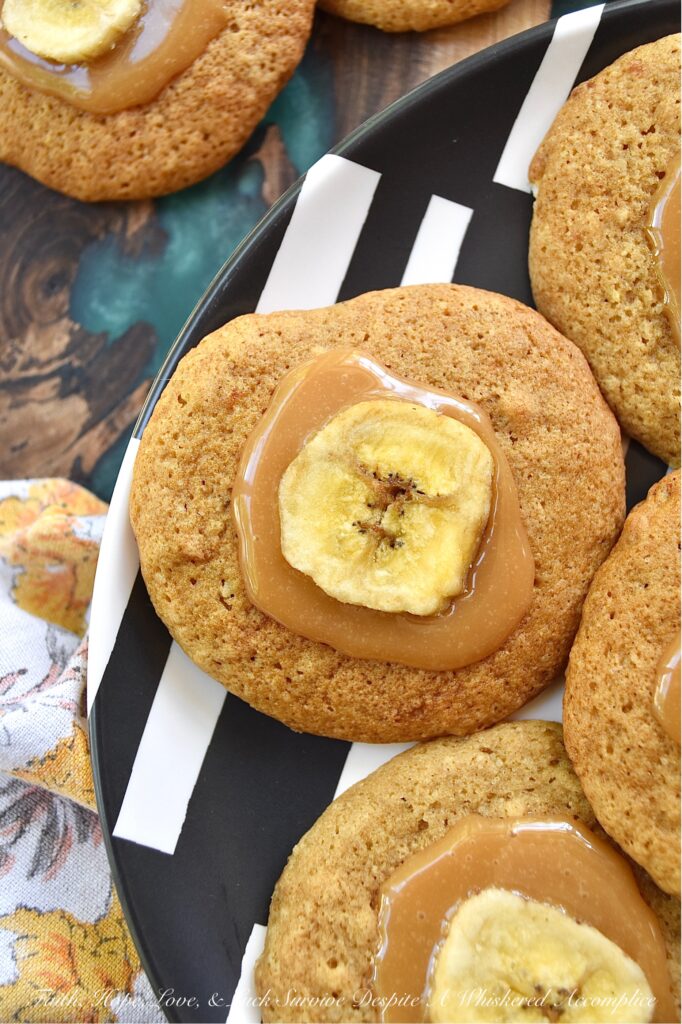 Banana Chip Cookies with Melted Caramel - Wondering what to do with that overripe banana you have sitting on your kitchen counter? Why not make these banana chip cookies with melted caramel? These cookies have a soft and moist texture, and when combined with the crunch of the banana chips and the creamy sweetness of the melted caramel, they make for the perfect sweet dessert treat. With these banana cookies, you'll never have to worry about what to do with overripe bananas again.