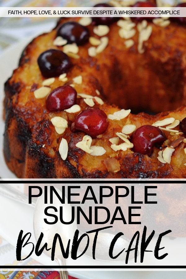 Pineapple Sundae Bundt Cake - This delicious buttery Bundt cake is not your average cake. It's loaded with pineapple and sliced almonds, and the fresh cherries and additional sliced almonds on top make a gorgeous and tasty garnish with lots of texture. Eating a slice of this cake is almost like having an ice cream sundae, minus the ice cream, of course.
