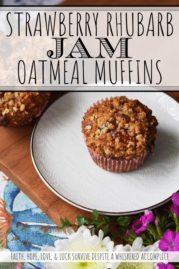 Strawberry Rhubarb Jam Oatmeal Muffins - Strawberry rhubarb jam lends a sweet fruity flavor to these delicious muffins sprinkled with just a touch of brown sugar, butter, and oatmeal crumble topping. The combination of jam and crunchy topping makes these muffins the perfect way to start your morning.