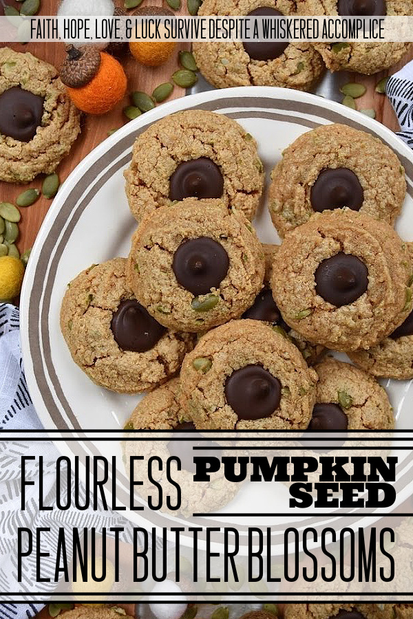 Flourless Pumpkin Seed Peanut Butter Blossoms - There's just something about the crisp air and changing leaves of fall that makes autumn the perfect season for baking. These peanut butter blossoms are a sinfully delicious combination of creamy peanut butter and dark chocolate Hershey's Kisses. And, for a delightful and unique fall twist, crushed pumpkin seeds are added to the cookie dough, to give these 6-ingredient cookies a little extra crunch as well as a touch of autumn flavor.