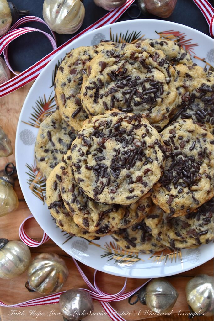 Ginger's Cherry Chocolate Chip Sprinkle Cookies - Chocolate chip cookies are everyone's favorite, and this cookie recipe is one that my mom, Ginger, would have loved at first bite. These delicious cookies are loaded with miniature semi-sweet chocolate chips, chocolate sprinkles, and dried sweetened cherries, making them the perfect combination of crunchy and chewy. If you're someone who loves chocolaty cookies with lots of texture, these are the cookies for you.