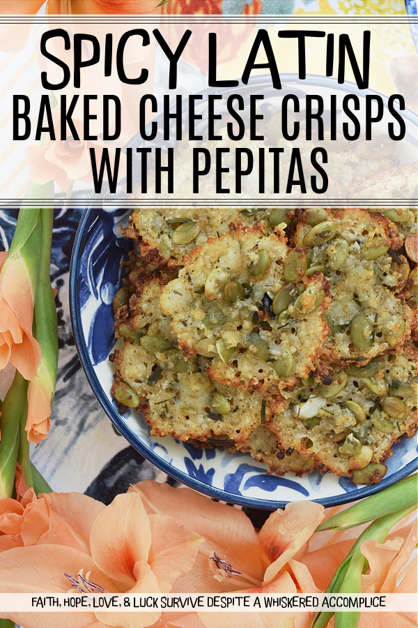 Spicy Latin Baked Cheese Crisps with Pepitas - Whether you eat these spicy baked cheese crisps alongside a comforting bowl of soup or on their own as an appetizer, I'm fairly certain that you're going to be in cheesy heaven. These little snack crackers contain both grated Romano and Asiago, along with a healthy dose of Queso Fresco, and with pepitas to give them a nice crunch and black pepper and cayenne some added heat, they're pretty much irresistible.