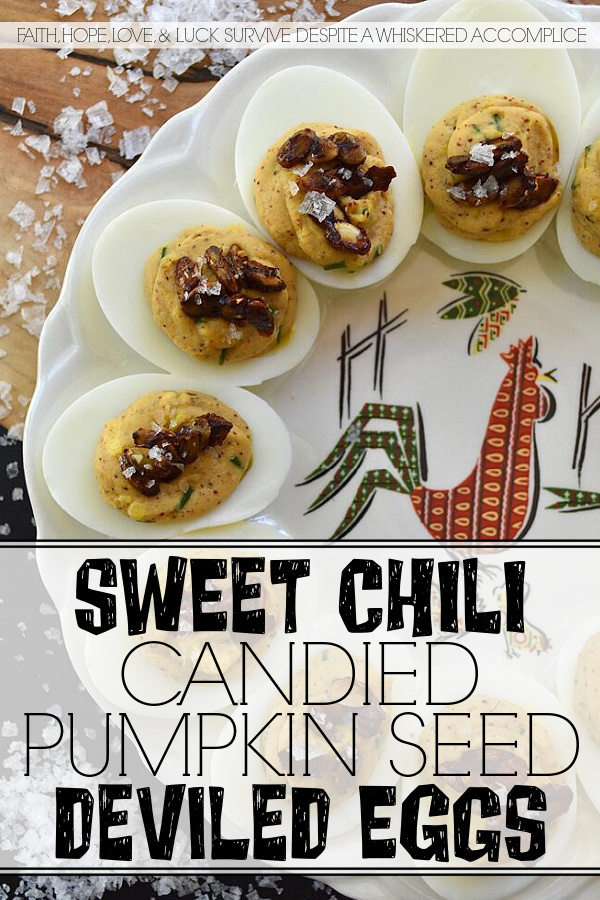 Sweet Chili Candied Pumpkin Seed Deviled Eggs - Deviled eggs are a classic holiday treat, and this version takes it up a notch with a creamy, flavorful chili powder seasoned filling, lightly sweetened with just a touch of honey. Topped with easy-to-make buttery roasted and candied pumpkin seeds and a touch of flaky sea salt, these deviled eggs are the perfect fall side dish or appetizer. They'll add a special touch to your holiday table or buffet and make a wonderful addition to your next gathering.