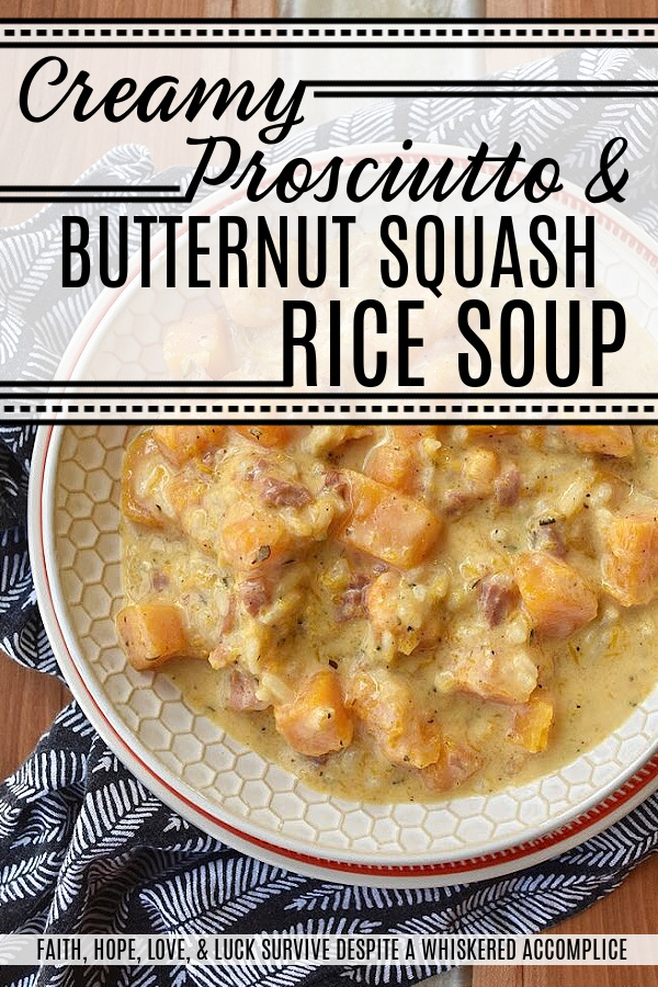 Creamy Prosciutto & Butternut Squash Rice Soup - This easy-to-make one-pot soup is a great option for a quick weeknight meal. Made with Herbes de Provence, diced butternut squash, and salty prosciutto, this soup is almost sure to please with its creamy, rich, decadent flavor. Serve this delicious soup with a crusty piece of bread for a warm, comforting, satisfying cold-weather meal.