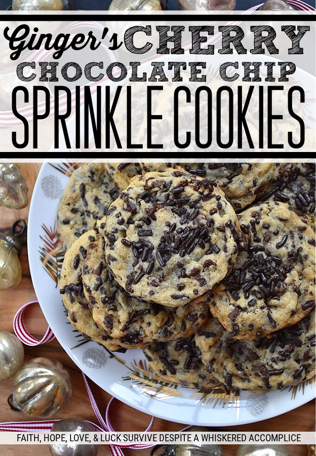 Ginger's Cherry Chocolate Chip Sprinkle Cookies - Chocolate chip cookies are everyone's favorite, and this cookie recipe is one that my mom, Ginger, would have loved at first bite. These delicious cookies are loaded with miniature semi-sweet chocolate chips, chocolate sprinkles, and dried sweetened cherries, making them the perfect combination of crunchy and chewy. If you're someone who loves chocolaty cookies with lots of texture, these are the cookies for you.